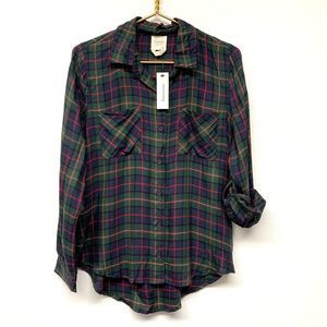 Harper Heritage Francesca's‎ Plaid Button Down Shirt Size Small Green Navy NWT